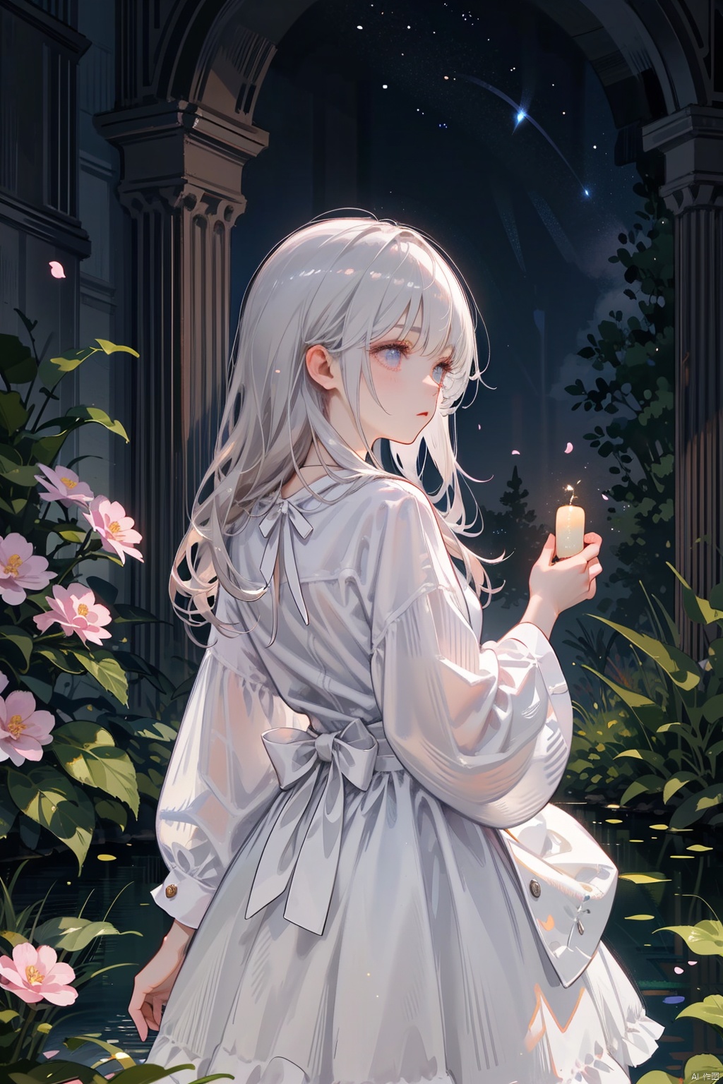 A girl, perched on a blossoming cherry tree branch under the full moonlight, wearing a flowing white dress that sparkles like stardust as it catches the ethereal glow. Her hair, a rich chestnut hue, cascades down her back in gentle waves, and she has an aura of serenity around her with eyes closed, eyelashes long and dark. The moon casts a soft blueish light upon her porcelain skin, highlighting the contours of her face. In her hands, she holds a delicate glass lantern filled with softly flickering fireflies, adding to the magical atmosphere. Surrounding her are pink cherry blossoms gently swaying in the breeze, some petals dancing their way down towards a tranquil pond below. The night is quiet, save for the sounds of nature and the faint twinkling of distant stars. The composition is vertical, capturing the height of the tree and the vastness of the starry sky above. High resolution, painterly style, with vivid colors yet maintaining a sense of calm and wonder.