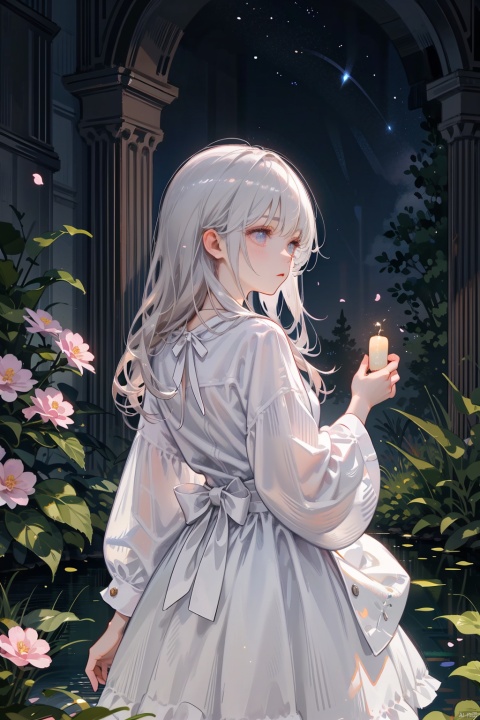 A girl, perched on a blossoming cherry tree branch under the full moonlight, wearing a flowing white dress that sparkles like stardust as it catches the ethereal glow. Her hair, a rich chestnut hue, cascades down her back in gentle waves, and she has an aura of serenity around her with eyes closed, eyelashes long and dark. The moon casts a soft blueish light upon her porcelain skin, highlighting the contours of her face. In her hands, she holds a delicate glass lantern filled with softly flickering fireflies, adding to the magical atmosphere. Surrounding her are pink cherry blossoms gently swaying in the breeze, some petals dancing their way down towards a tranquil pond below. The night is quiet, save for the sounds of nature and the faint twinkling of distant stars. The composition is vertical, capturing the height of the tree and the vastness of the starry sky above. High resolution, painterly style, with vivid colors yet maintaining a sense of calm and wonder.
