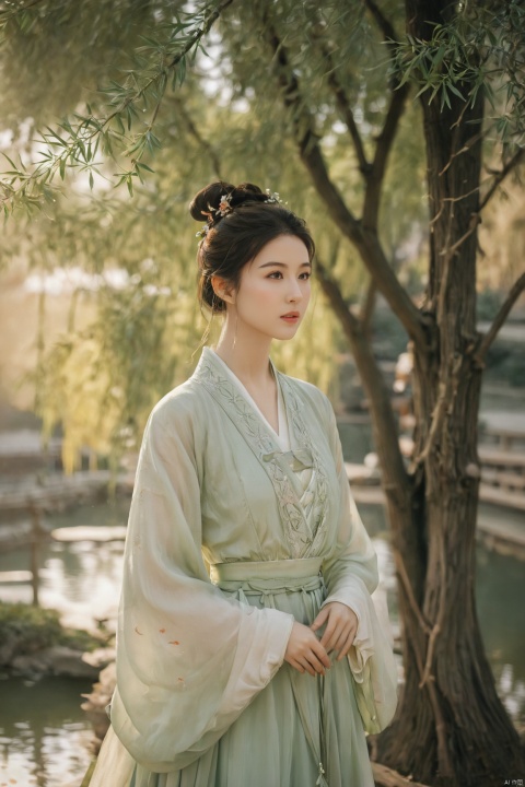 A delicate young woman in traditional Hanfu poses elegantly under an ancient willow tree in a tranquil Chinese garden. The flowing dress is made of fine silk, decorated with intricate embroidery and pastel tones, and The lush greenery behind them creates a soft contrast.The wind gently lifts her sleeves, capturing the essence of the fleeting moment.Under soft, diffuse sunlight filtering through the foliage, the subject's almond-shaped eyes gaze thoughtfully.(8K Resolution, Best Picture Quality: 1.2), (Fine Art Photography), (Realistic Depth of Field: f/2.8), (Ultra High Resolution), (Movie Lighting: Golden Hour), (Precise Fabric Details: 1.5), (authentic period makeup and hair design), (ethereal atmosphere: 1.2), (film grain simulation of classic film).