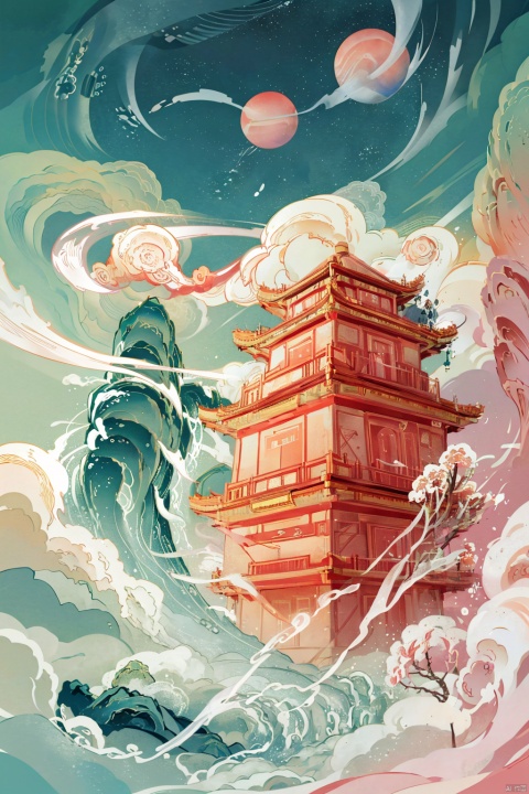 Masterpiece, Best Quality, High Resolution, Incredibly Ridiculous, Absurd, Very High Resolution, Detailed Beautiful Scenes, Landscapes, Landscapes, Ultra HD Wallpapers, (Lucky Clouds in the Foreground), Flowing Clouds, Sun, Flowers, Mountains , pagoda, flowing clouds