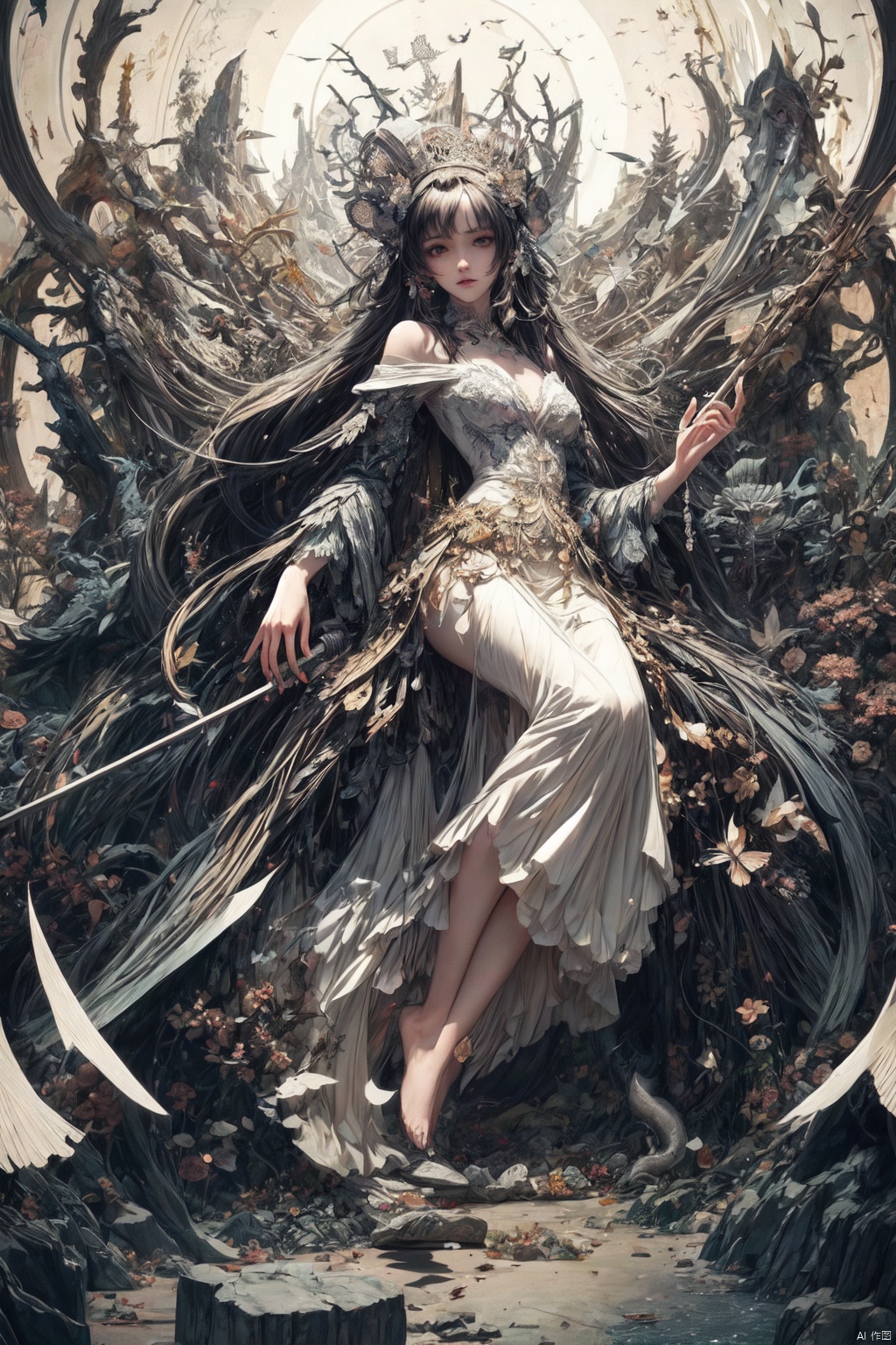  Queen, holding a long sword, a perfect long sword, a straight sword, Full body display, leaning against the ruins, with a floating skeleton in the background. The Queen's expression is enchanting, her posture is seductive, her hand is holding her face, and there is a flicker of evil energy runes in the background, blood mist filled, and soft light. My feet are covered in bones. Skeletons, many skeletons. Black stockings. Official art, unit 8 k wallpaper, ultra detailed, beautiful and aesthetic, masterpiece, best quality, extremely detailed, dynamic angle, paper skin, radius, iuminosity, cowboyshot, the most beautiful form of Chaos, elegant, a brutalist designed, visual colors, romanticism, by James Jean, roby dwi antono, cross tran, francis bacon, Michael mraz, Adrian ghenie, Petra cortright, Gerhard richter, Takato yamamoto, ashley wood, atmospheric, ecstasy of musical notes, streaming musical notes visible, flowers in full bloom, many bird of parade, deep forests, sunlight, atmosphere, rich details, full body lens, shot from above, shot from below, detail background, beautiful sky, floating hair, perfect face, exquisite facial features, high detail, smile, Fisheye lens, dynamic angle, dynamic posture,