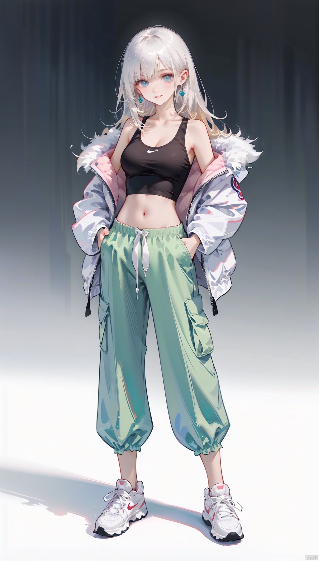 (best quality), ((masterpiece)), (highres), illustration, original, extremely detailed . ooo, 1girl, solo, long hair, breasts, white background, full body, simple background, blonde hair, sneakers, pants, shoes, blue eyes, looking at viewer, navel, white footwear, jewelry, earrings, crop top, off shoulder, midriff, jacket, hands in pockets, bare shoulders, green pants, smile, standing, cleavage, parted lips, open clothes, **** top, medium breasts, collarbone, open jacket, floating hair, nike, white jacket