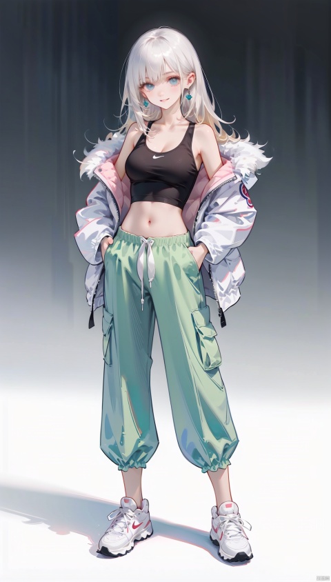 (best quality), ((masterpiece)), (highres), illustration, original, extremely detailed . ooo, 1girl, solo, long hair, breasts, white background, full body, simple background, blonde hair, sneakers, pants, shoes, blue eyes, looking at viewer, navel, white footwear, jewelry, earrings, crop top, off shoulder, midriff, jacket, hands in pockets, bare shoulders, green pants, smile, standing, cleavage, parted lips, open clothes, tank top, medium breasts, collarbone, open jacket, floating hair, nike, white jacket