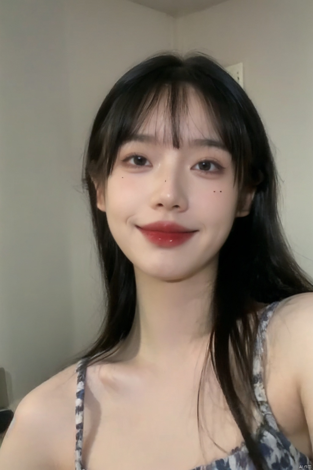 8K,Best quality, masterpiece, ultra high res, (photorealistic:1.4), raw photo, (Authentic skin texture:1.3), (film grain:1.3), (selfie angle),, ((poakl)),1girl, solo, long hair, looking at viewer, smile, black hair, flower, indoors, black eyes, lips, realistic, clock