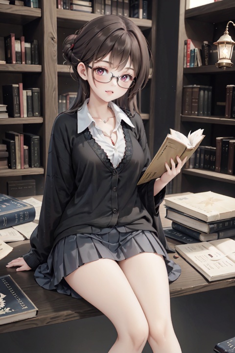 Library, 1girl, sexy, academic environment, wearing glasses, librarian outfit, black stockings, short skirt under long cardigan, button-up shirt unbuttoned to reveal lace underwear, brown hair tied into a messy bun, red lipstick, sitting on edge of bookshelf, academic books in background, intelligent gaze, subtle giggle, dimly lit reading room, high heels tapping wooden floor, curled pages, thigh-high gap, quiet atmosphere, antique library Lamps, warm indoor lights, stacks of books,