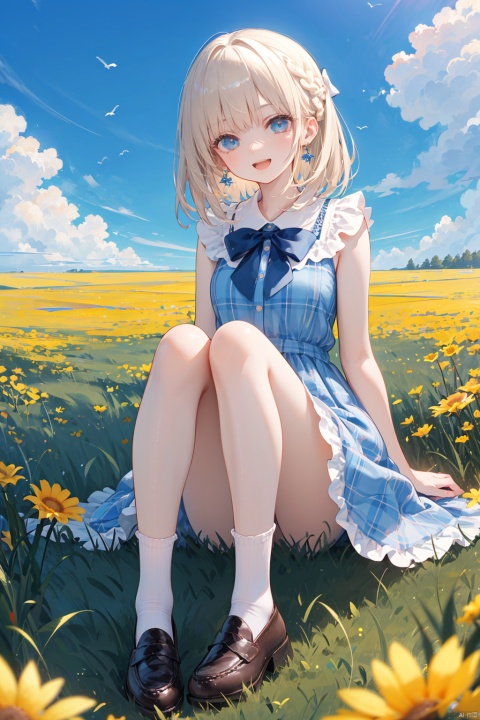  nai3, 1girl, outdoors, flower, blonde hair, dress, smile, sitting, blue eyes, sky, cloud, earrings, day, socks, white socks, shoes, jewelry, bangs, solo, open mouth, looking at viewer, hair bow, bow, field, blue sky, shirt, white shirt, blue dress, short sleeves, :d, blue bow, brown footwear, white flower, plaid, animal, medium hair, grass, braid, flower field, blush, loafers, full body, knees together feet apart, sleeveless, yellow flower, pig, cloudy sky, knees up, bird