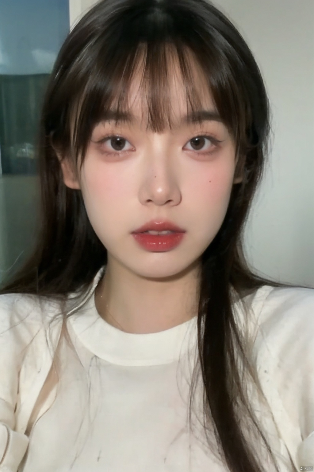 8K,Best quality, masterpiece, ultra high res, (photorealistic:1.4), raw photo, (Authentic skin texture:1.3), (film grain:1.3), (selfie angle),, ((poakl)),1girl, solo, long hair, looking at viewer, brown hair, long sleeves, brown eyes, upper body, outdoors, parted lips, sky, day, cloud, sweater, blue sky, lips, sleeves past wrists, wind, realistic, white sweater