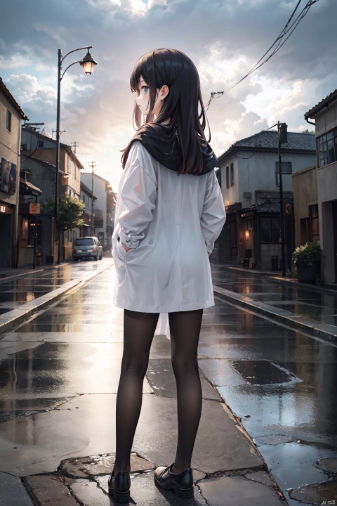  masterpiece,best quality,(ray tracing, cinematic lighting),ex-light,(central composition, Centered Composition and Symmetry:0.6),(back to camera:1.3),backlight,1girl,((solo)),black long hair,messy hair,jacket,pantyhose,rainy day,Cumulonimbus Cloud,(put hands in pockets),(outdoors, rain, sky, deserted streets, watered-down pavements, crossroad, fork in the road),tall buildings,bell towers,glass,reflections,streetlights,sunset,Tyndall Effect,