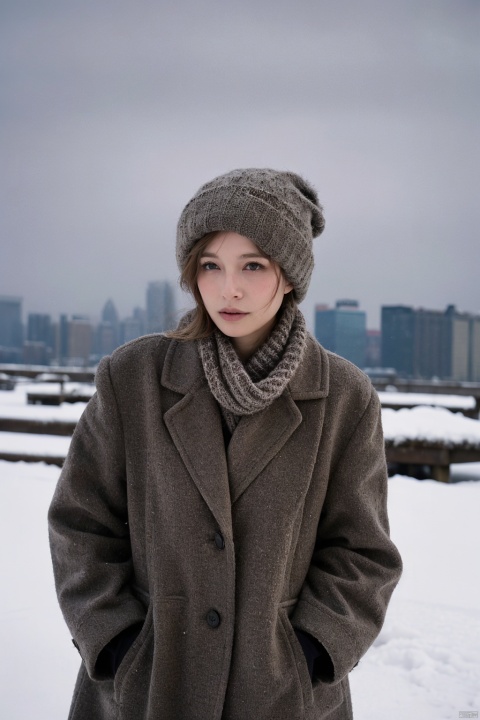 Annie Leibovitz-style portrait of a professional individual in winter attire, set against the stark yet serene backdrop of an icy cityscape. The subject stands tall, clad in a tailored overcoat that billows slightly in the cold breeze, their face framed by a scarf and topped with a woolen hat. Despite the chill, the person exudes poise and determination, hands buried in coat pockets while gazing confidently into the distance. The photograph showcases Leibovitz's mastery of lighting, using the diffused glow of streetlights to highlight the character lines etched by experience and responsibility. The image is characterized by crisp details from the texture of the coat to the glint of snowflakes settling on its surface. This visual narrative captures the essence of resilience and professionalism amidst the challenges of the season, creating a timeless portrayal of dedication and ambition in the colder months. (High-resolution: 12 megapixels, dramatic chiaroscuro lighting: 1.1, subtle emphasis on textures: 1.3)
