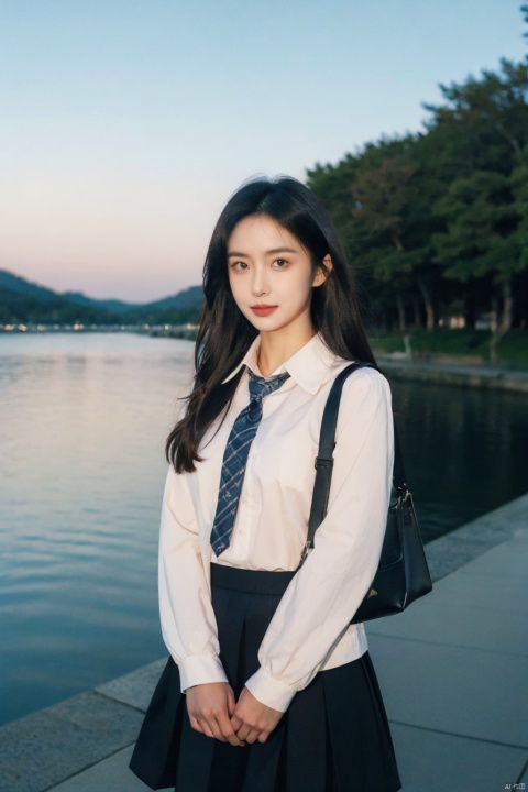 best quality, masterpiece, ultra high res,1girl, medium breast, 1girl,moyou,(photo_realistic:1.4), 1girl, rating:safe, bag, solo, outdoors, water, long hair, holding, holding bag, black hair, school bag, handbag, day, ocean, brown eyes, school uniform, skirt, road, river, shoulder bag, looking at viewer, jacket, beach, lips, horizon, standing, lake, sky, striped, long sleeves, collared shirt, scenery, v arms, black skirt,
nsfw, Fine art, professional-grade capture,Sony A7R IV mirrorless camera with a Zeiss 24-70mm f/2.8 zoom lens,high-resolution, ((poakl))