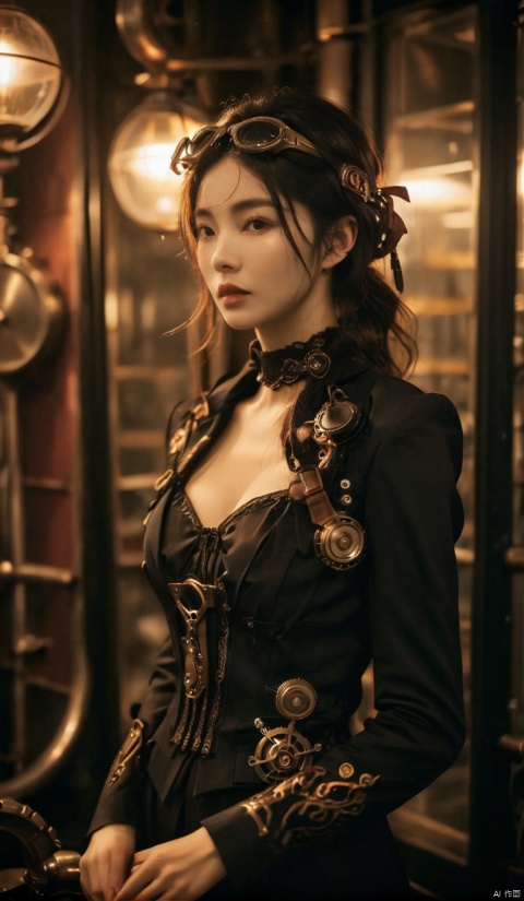  Full body, panoramic view, confident standing, dynamic poses,digital art, steampunk female adventurer, ((Heroic_Pose)), ((Intrepid_Gaze)), posed against a backdrop of Victorian-era industrial machinery and steam-powered dirigibles, dressed in a tailored corset with bronze and copper accents, leather straps and buckles, accessorized with intricate goggles and a top hat adorned with mechanical gears, holding a vintage pistol or steam-powered crossbow, exposed clockwork arm prosthesis adding to her enigmatic character, billowing steam and cogs in the background, warm sepia tones contrasted with deep shadows and highlights, detailed textures on clothing and equipment, dramatic lighting from gas lamps casting dramatic chiaroscuro, depth of field isolating the subject amidst the mechanical chaos, high-resolution 8K detail, evoking a sense of exploration and innovation, nodding to the aesthetics of Bioshock Infinite and The League of Extraordinary Gentlemen.


