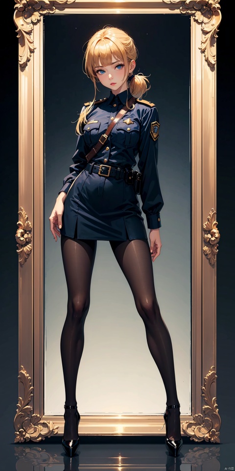 Golden haired beautiful girl, high heels, single person portrait, beautiful girl, front bangs, split bangs, long forehead bangs, blue eyes, full body photo, beautiful appearance, golden short single ponytail, lips tightly closed, wearing black police uniform, black pantyhose, high heels, finely carved fingers