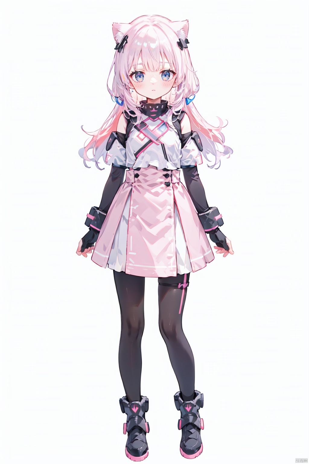 (((white background))),((poakl)),full-body character, nikke game reference, striking stance, highly stylized, form-fitting exo-suit, revealing cutout armor, asymmetrical breastplate, mini-skirt, leggings with knee pads, chunky heeled boots, sniper rifle, pink hair highlights, battle-ready goggles pushed up on forehead, cat ears headset, silver and pink color scheme, armored gauntlets, waist cincher, floating shoulder plates, dual pistols holstered, energy blade, confident smirk, lens flares, hi-tech environment, LED accents on suit, windblown hair effect, smoke trail from barrel, dramatic backlighting