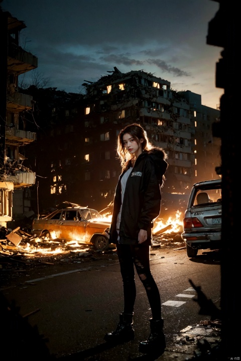 Gloomy sky, a girl, standing alone, not looking into the camera, sideways, flames, (((foreground blur: 1.4))), dramatic lighting, texture, dilapidated atmosphere, abandoned cars, rubble, dirt, debris, Ruined city, side light, contour light, photorealism, photography art, movie scene