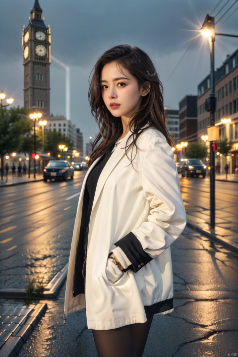  (8k, RAW Photo, Best Quality, Masterpiece: 1.2), (Photorealistic, Photorealistic), Masterpiece, Best Quality, (Ray Traced, Cinematic Lighting), 1girl, ((Solo)), Long Black Hair, Messy Hair , jacket, pantyhose, rainy day, cumulonimbus, (hands in pockets), (outdoors, rain, sky, deserted street, watered sidewalk, intersection, fork in the road), high-rise building, clock tower ,glass,reflection,street light,sunset,tyndall effect, Detail, ((poakl))