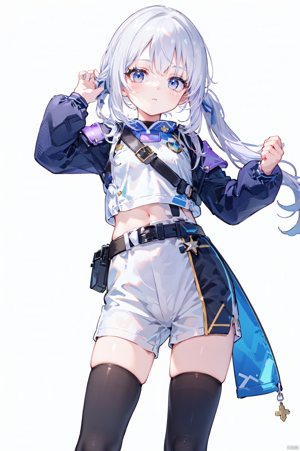(((white background))),((poakl)),1character, full body, nikke inspired outfit, anime style, action pose, semi-realistic, pvc tactical gear, armored bikini top, high waisted shorts, thigh-high stockings, combat boots, mechanical wings, scoped rifle, detailed hair accessories, twin tails, purple hair, multiple belts with pouches, pauldrons, exposed abdomen, metallic accents, intricate armor design, serious expression, dynamic lighting, firearm sling, holographic sights, bionic enhancements, translucent visor, environmental reflections, sci-fi background