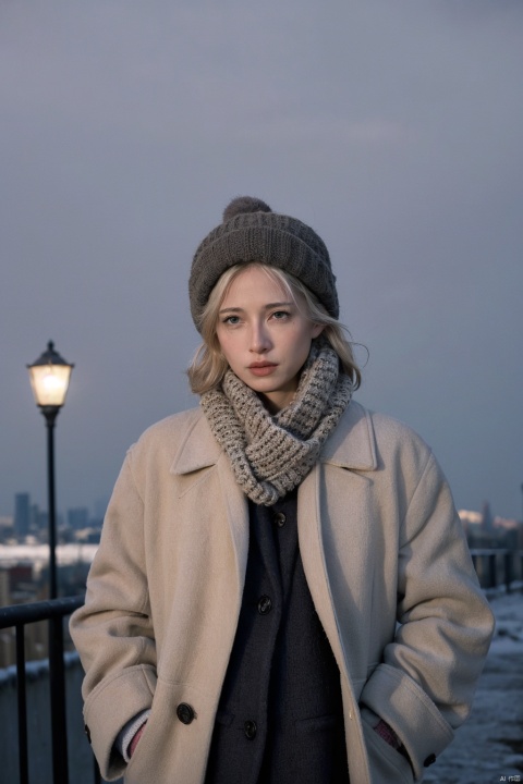 Annie Leibovitz-style portrait of a professional individual in winter attire, set against the stark yet serene backdrop of an icy cityscape. The subject stands tall, clad in a tailored overcoat that billows slightly in the cold breeze, their face framed by a scarf and topped with a woolen hat. Despite the chill, the person exudes poise and determination, hands buried in coat pockets while gazing confidently into the distance. The photograph showcases Leibovitz's mastery of lighting, using the diffused glow of streetlights to highlight the character lines etched by experience and responsibility. The image is characterized by crisp details from the texture of the coat to the glint of snowflakes settling on its surface. This visual narrative captures the essence of resilience and professionalism amidst the challenges of the season, creating a timeless portrayal of dedication and ambition in the colder months. (High-resolution: 12 megapixels, dramatic chiaroscuro lighting: 1.1, subtle emphasis on textures: 1.3)
