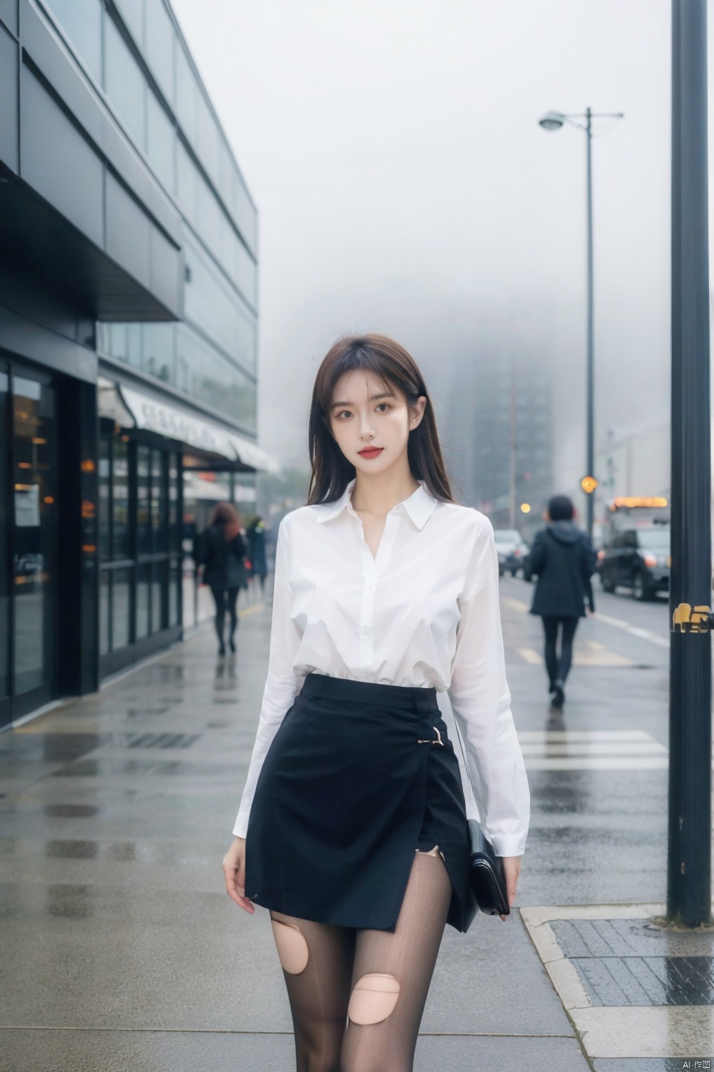 Cloudy day, foggy day, early morning, a woman, (real, photo :1.4), background is city street, suit, shirt, hip wrap skirt, pantyhose, outdoor, real world scene, confident pose, perfect hand, cowboy shooting,
, Fine art, professional-grade capture,Sony A7R IV mirrorless camera with a Zeiss 24-70mm f/2.8 zoom lens,high-resolution, ((poakl)), 1girl, torn pantyhose