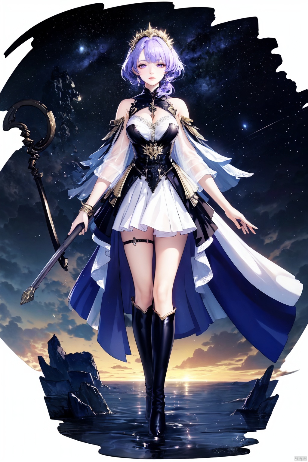 (gacha masterpiece), ((celestial being)), (ultra-highres), anime-infused illustration, original character design, elaborate detailing . ooo, 1character, solo, full body, posed against a backdrop of floating celestial islands amidst starry skies akin to Genshin Impact's Sumeru region, featuring an enigmatic female figure with cascading lilac-purple hair styled in an elaborate updo adorned with moonstone ornaments, her captivating amethyst eyes shimmering with cosmic wisdom, garbed in a flowing, multi-layered robe of celestial blue and midnight black, intricately patterned with constellations and astral motifs, the hem embroidered with silvery filigree that seemingly glows softly, wearing fingerless gloves and thigh-high boots of supple white leather, clasped at the knees with gold crescent moon buckles, wielding an otherworldly staff crowned by a radiant crystal orb that channels both light and darkness, standing on a translucent platform suspended above ethereal clouds, surrounded by wisps of divine energy and trailing stardust, poised for a transcendent journey through realms of celestial harmony and conflict., ((poakl)), azur lane