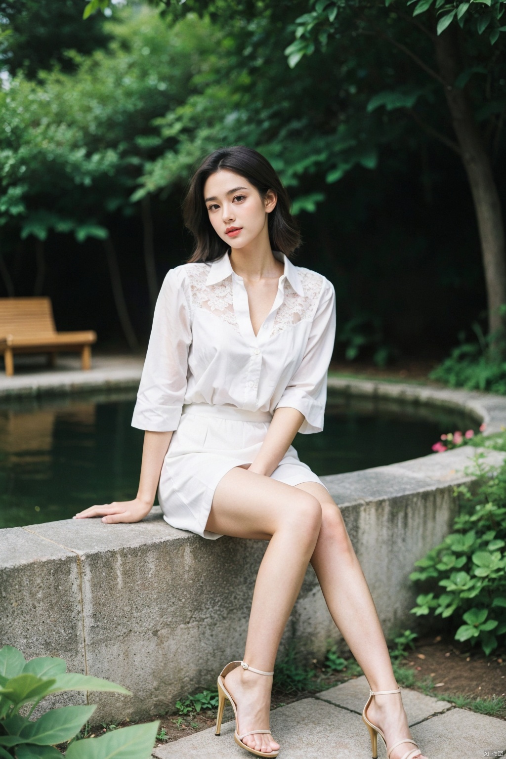  (8k,RAW photo,best quality,masterpiece:1.2),(realistic,photo-realistic),((poakl))Panoramic seated full body shot of an attractive professional lady posing on the edge of a stone bench in an idyllic outdoor garden setting, wearing a fitted white blouse with the top few buttons unbuttoned to reveal a hint of lace lingerie and flowing A charcoal gray midi dress clings to her curves, black strappy heels accentuate her legs, her hair is styled elegantly in the breeze, and her perfectly made-up face is adorned with statement sunglasses, a tranquil pond surrounded by lush greenery and colorful flowers, capturing the perfect blend of professional sophistication and sensual femininity in the tranquility of nature