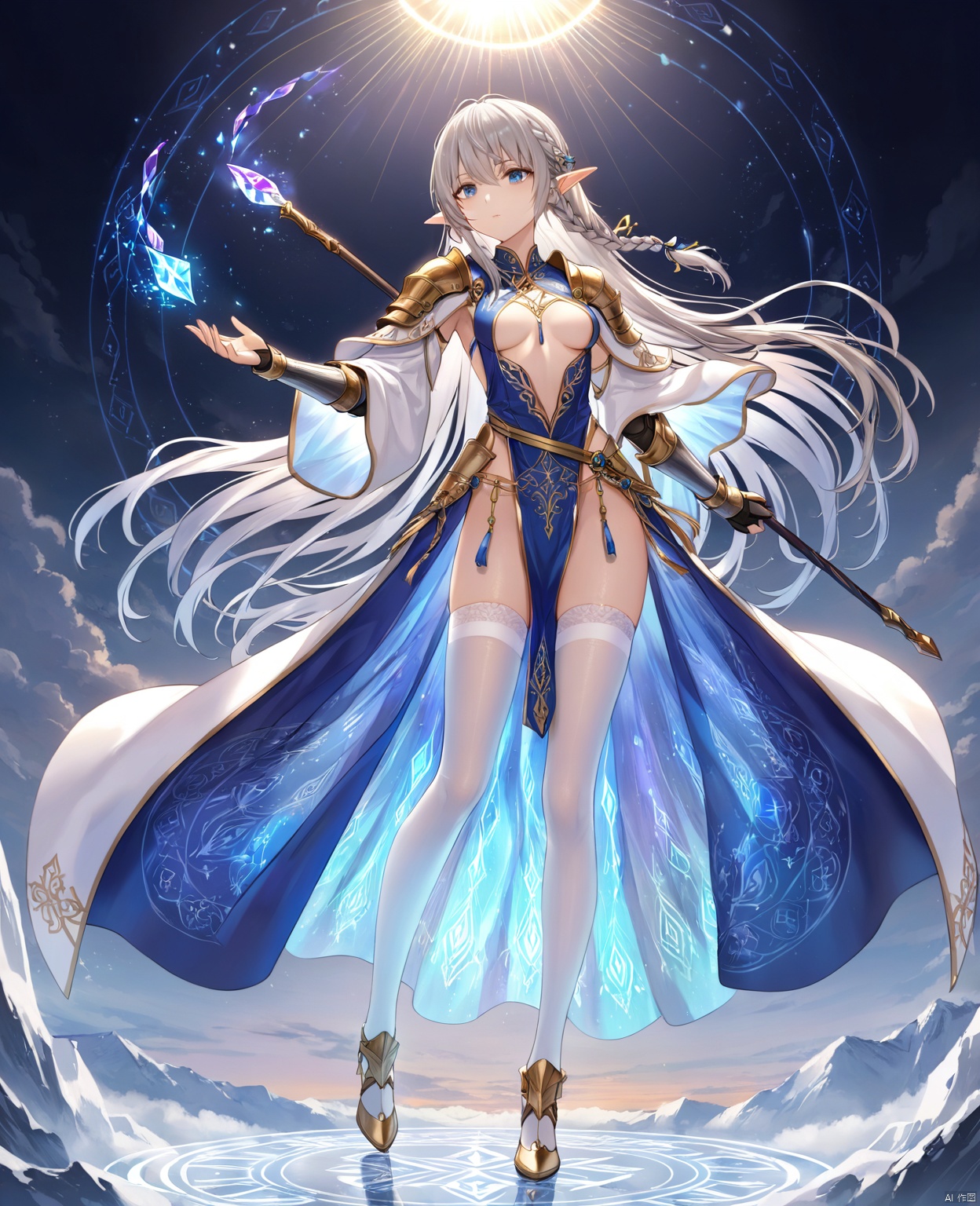  (Masterpiece), (Best Quality), Illustration, Super Detailed, hdr, Depth of Field, (Color), (White Stockings),1 character, fantasy heroine, final fantasy style, full body, intricate white mage robes with gold embroidery and flowing ribbons, ornate staff topped with a glowing crystal, pointed elven ears, voluminous silver hair styled in elegant braids cascading down her back, sky blue eyes with a hint of mystical light, delicate yet detailed gauntlets reaching to the elbows, armored pauldrons protecting her shoulders, sheer inner garment revealing subtle hints of an azure undergarment, serene expression, standing on a magical circle inscribed with ancient runes, casting a healing spell, surrounded by soft ethereal glow and floral motes."