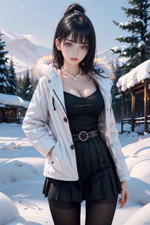 Snowy, 1girl, sexy winter clothes, pure black underwear, white fur coat, ultra-short hip skirt, long boots, red lips, (black pantyhose), messy snowflake hair, seductive eyes, long eyelashes, standing, panoramic.Pearls around the neck, icy blue eyes, fur shawl, shiny nails, snowy pine trees, moonlit night, hint of cleavage, icy breath, glittering sequins, provocative gestures, dramatic lights, forest, cold The contrast between cold air and warm and cold elements,,,,,,