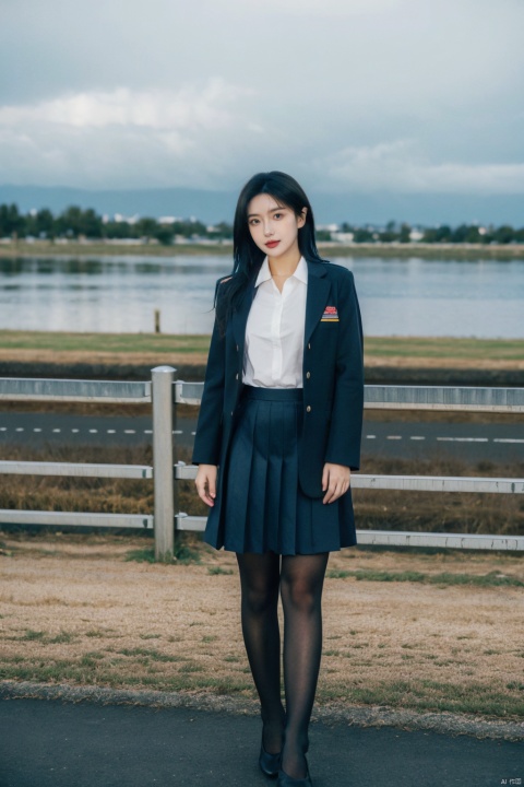 Cloudy, foggy, a girl (photorealistic 1.4), she is outdoors alone, the background is the edge of a river, ocean or lake body of water, she has long blue hair, wearing a school uniform, - striped long-sleeved shirt, black pleated skirt, white pantyhose, Mary Jane shoes, daytime environment, behind the open road, sand and horizon, her brown eyes staring at the viewer, Standing tall and dynamic, surrounded by views of the water and sky,
nsfw, Fine art, professional-grade capture,Sony A7R IV mirrorless camera with a Zeiss 24-70mm f/2.8 zoom lens,high-resolution, ((poakl))