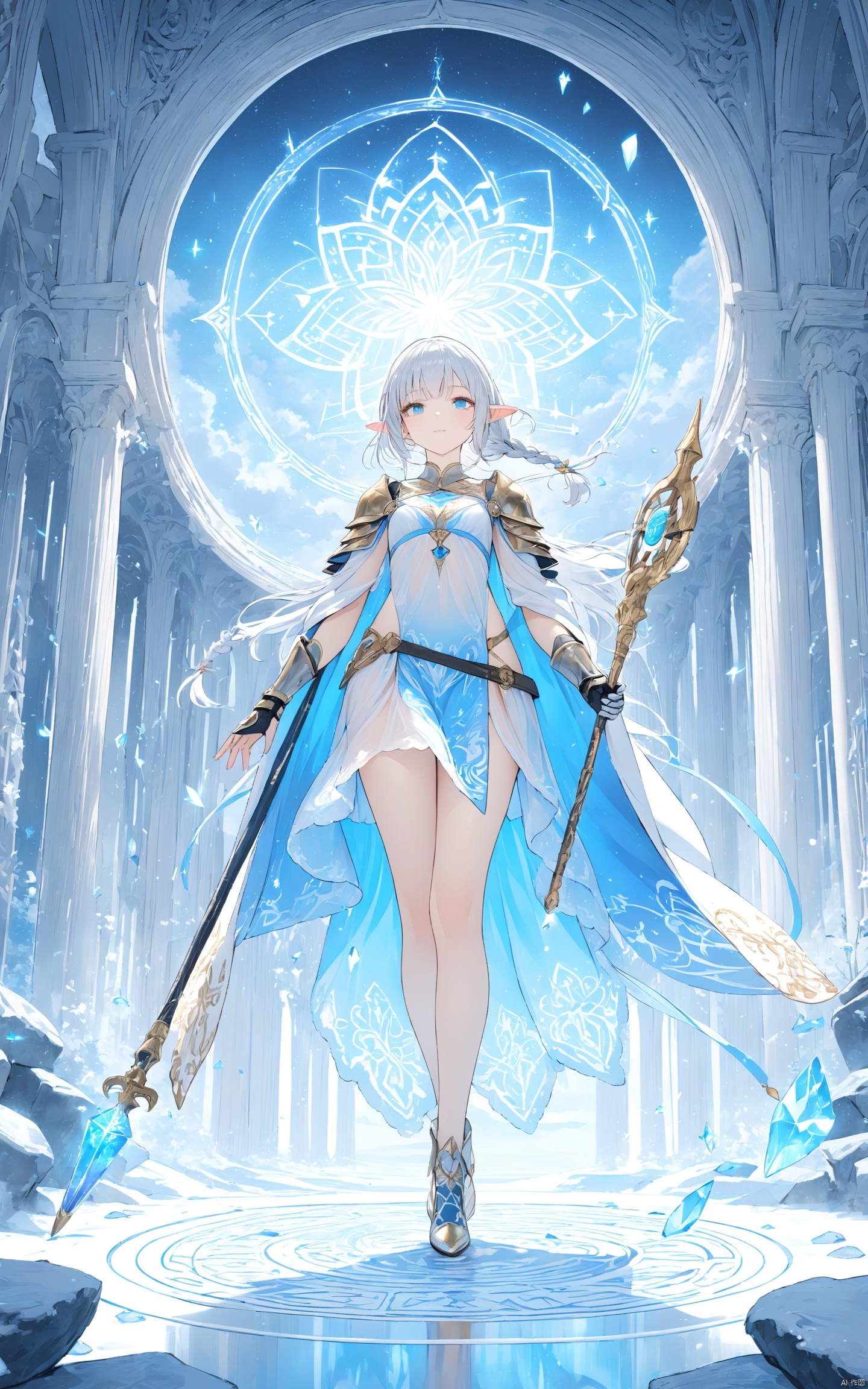  (masterpiece),(best quality),illustration,ultra detailed,hdr,Depth of field,(colorful),1 character, fantasy heroine, final fantasy style, full body, intricate white mage robes with gold embroidery and flowing ribbons, ornate staff topped with a glowing crystal, pointed elven ears, voluminous silver hair styled in elegant braids cascading down her back, sky blue eyes with a hint of mystical light, delicate yet detailed gauntlets reaching to the elbows, armored pauldrons protecting her shoulders, sheer inner garment revealing subtle hints of an azure undergarment, serene expression, standing on a magical circle inscribed with ancient runes, casting a healing spell, surrounded by soft ethereal glow and floral motes.