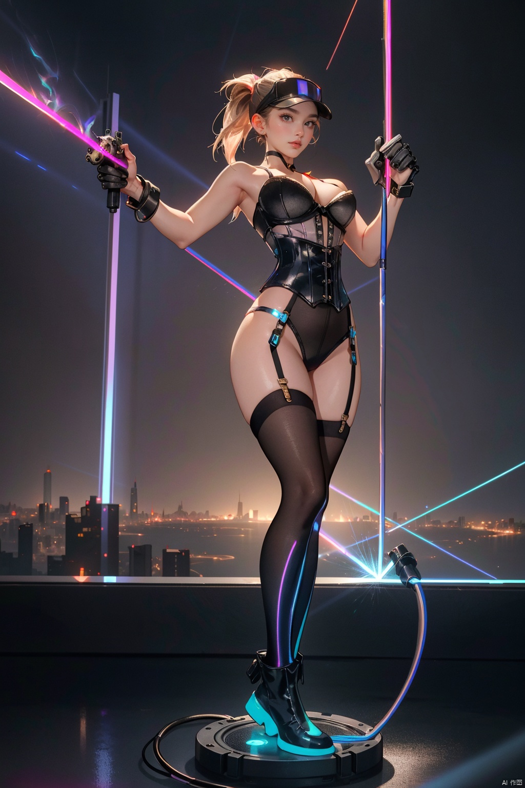 1girl, (mecha-maid), cyberpunk, (bustier with mechanical accents:1.6), (exposed circuitry details:1.3), futuristic thigh-high boots, (holographic visor:1.5), (artificial skin:0.9), (metallic accents:1.4), (dynamic pose:1.7), (plume of steam:1.2), (backdrop: neon cityscape:1.5), (tactical gloves:1.1), (synthetic hair in ponytail:1.3), (laser whip:1.8), (subtle glow effects:1.4), (shattered glass floor:0.8), floating holographic interface, (implant ports:1.1), confident stance, elongated limbs, smoke effects., ((poakl)), , (wide shot:0.95), (Dynamic pose:1.4),