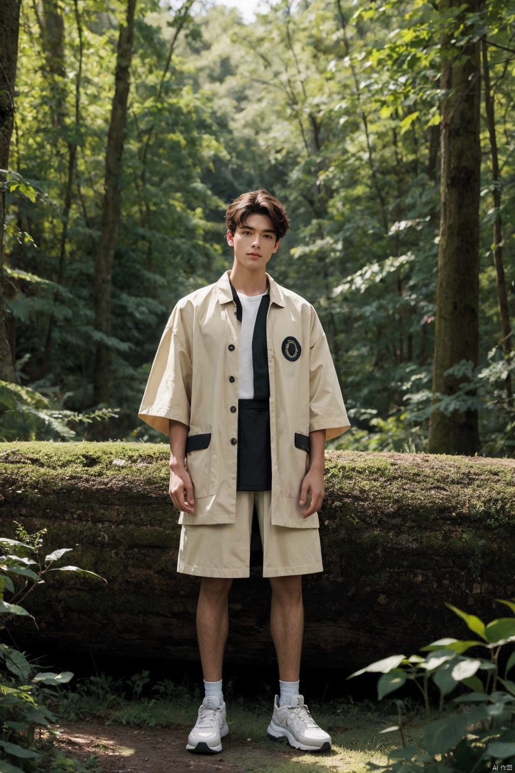  nature-infused fashion statement, 35mm panoramic perspective, hip male model adorned in latest streetwear fashions, posed in an enchanting forest clearing, full-body composition, blending urban aesthetics with the serenity of nature, dynamic poses interacting with tree trunks, rocks, or foliage, layering clothes to complement the natural textures and colors, mixing structured fabrics with the wild unpredictability of the forest, EFVGBN_forest_streetstyle, high-resolution output, dramatic interplay of light and shadow, pop of vibrant hues against the verdant greenery, skillful use of depth-of-field to separate subject from background, crafting an immersive narrative that unites the modern world with the untamed beauty of the woods,((poakl)), monkren