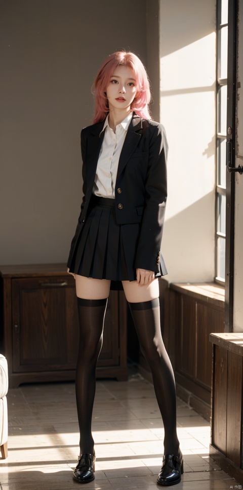  Reality, official art, uniform 8k quality, super detail, fine detail skin, movie angle, movie texture, movie lighting, masterpiece, best picture quality, deep shadows, backlight, silhouette, light, school uniform, pleated skirt, living room, 1 girl, vermilion lips, messy hair, 1 girl, mini skirt, pink hair, showy underwear, huge chest, bj_ Devil_ Angel, Tiffany Lockhart, Serafuku, head up, looking at the audience, with skirts, long legs, standing opposite the audience, looking up from an angle,tutuwl,cyborg,black pantyhose,full body