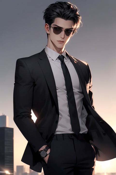 handsome man, sharply dressed in a slim-fit charcoal gray suit, paired with a classic white dress shirt and a bold red silk tie, minimalist watch on wrist, Italian leather dress shoes, poised against a backdrop of a bustling metropolitan cityscape at sunset, modern skyscrapers reflected in mirrored sunglasses, slight smirk, unbuttoned jacket revealing a contrasting vest, windswept hairstyle