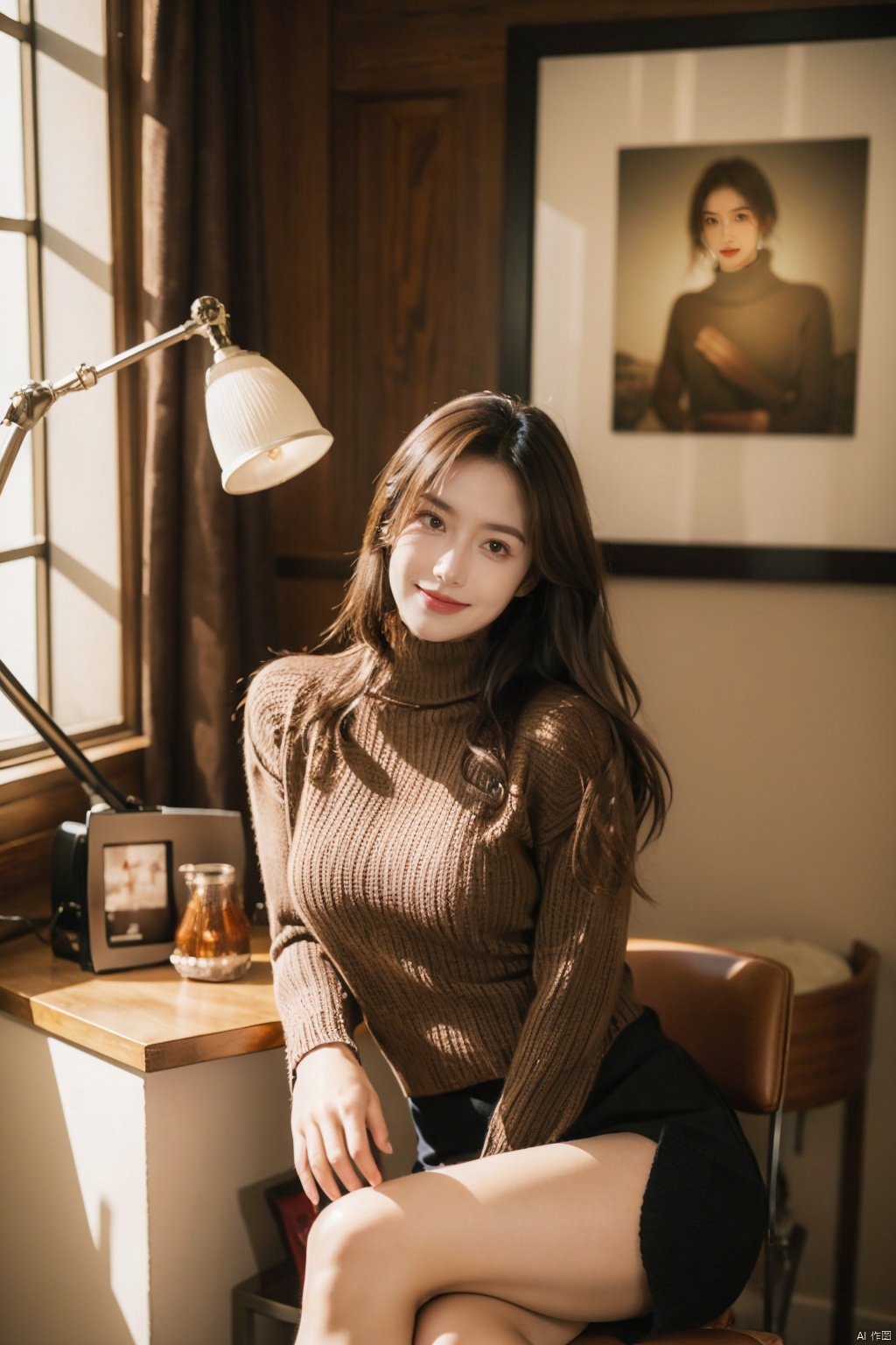Real world scene, 1 girl, single, long hair, looking at the audience, smiling, skirt, brown hair, brown eyes, sitting, pantyhose, boots, indoors, sweater, window, turtleneck, chair, crossed legs, ribbed sweater, realism, black sweater,,
nsfw, Fine art, professional-grade capture,Sony A7R IV mirrorless camera with a Zeiss 24-70mm f/2.8 zoom lens,high-resolution, ((poakl))