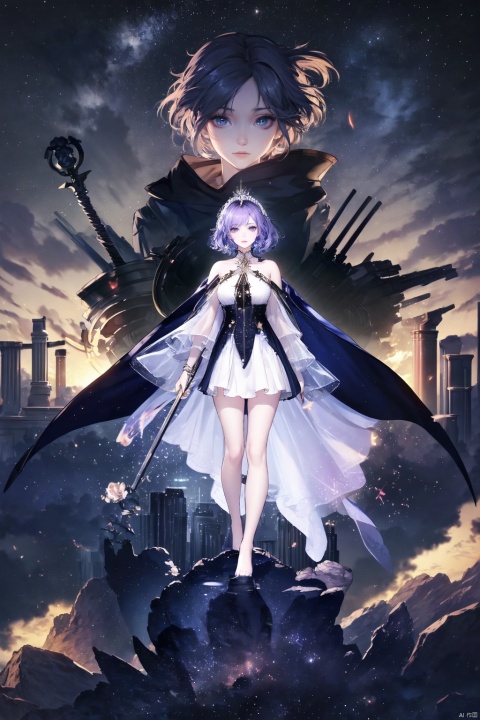 (gacha masterpiece), ((celestial being)), (ultra-highres), anime-infused illustration, original character design, elaborate detailing . ooo, 1character, solo, full body, posed against a backdrop of floating celestial islands amidst starry skies akin to Genshin Impact's Sumeru region, featuring an enigmatic female figure with cascading lilac-purple hair styled in an elaborate updo adorned with moonstone ornaments, her captivating amethyst eyes shimmering with cosmic wisdom, garbed in a flowing, multi-layered robe of celestial blue and midnight black, intricately patterned with constellations and astral motifs, the hem embroidered with silvery filigree that seemingly glows softly, wearing fingerless gloves and thigh-high boots of supple white leather, clasped at the knees with gold crescent moon buckles, wielding an otherworldly staff crowned by a radiant crystal orb that channels both light and darkness, standing on a translucent platform suspended above ethereal clouds, surrounded by wisps of divine energy and trailing stardust, poised for a transcendent journey through realms of celestial harmony and conflict., ((poakl)), azur lane