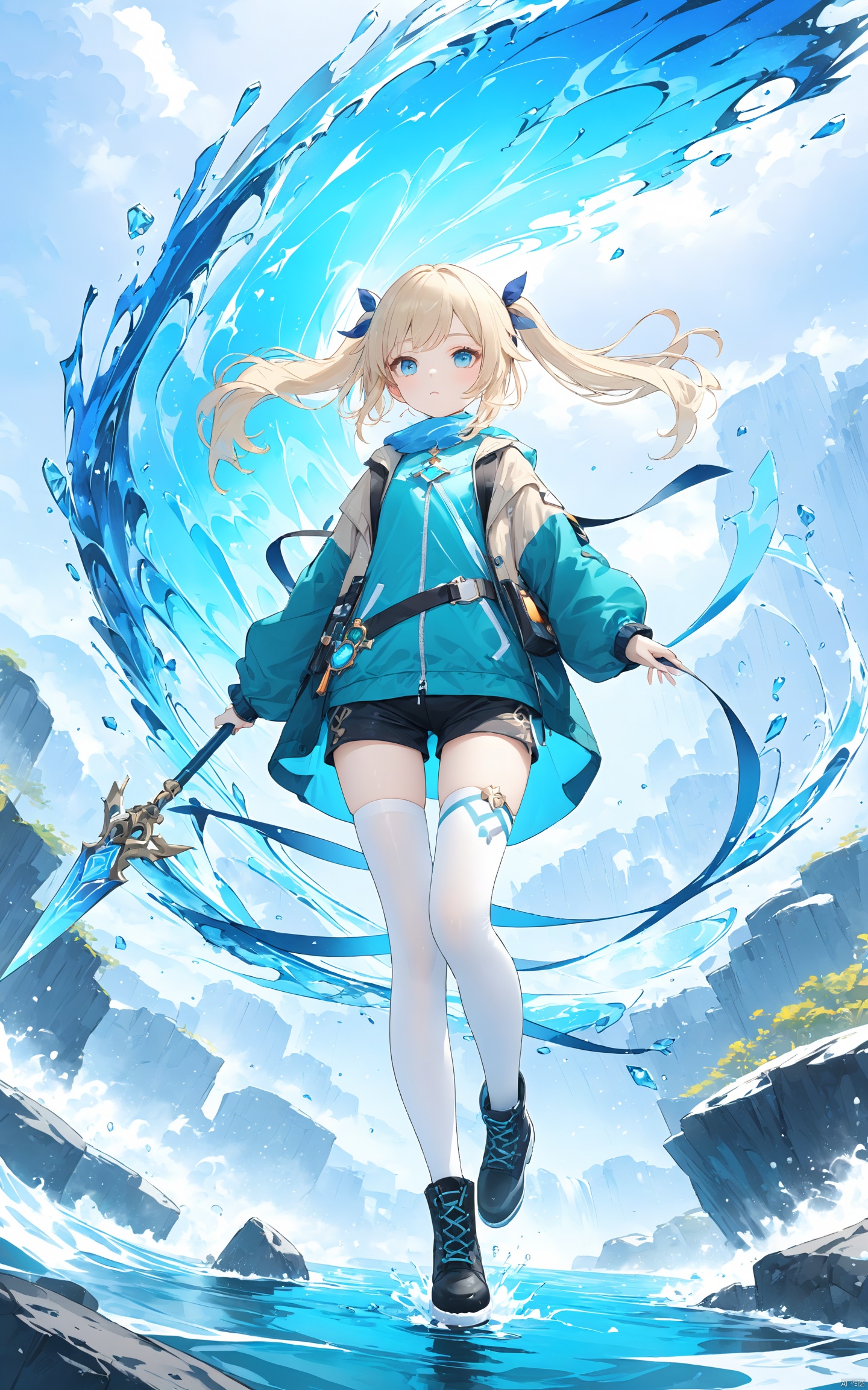(Masterpiece), (Best Quality), Illustration, Super Detailed, hdr, Depth of Field, (Color), (White Stockings),1 character, Genshin Impact inspired, full body view, female traveler, elemental adept wielding Anemo powers, wears a custom-made adventurer's outfit consisting of a lightweight windbreaker jacket in shades of turquoise and beige, adorned with fluttering scarf and flowing tails, matching knee-length shorts and leggings, flexible ankle-high boots suitable for traversal, iconic Vision of Anemo embedded as a brooch on her chest, holding a transparent Elemental Bow crafted from Anemo crystals, her waist-length blond hair styled in twin ponytails secured with blue ribbon ties, piercing azure eyes reflecting determination, positioned on a floating islet amidst swirling gusts of wind, harnessing the power of the elements.