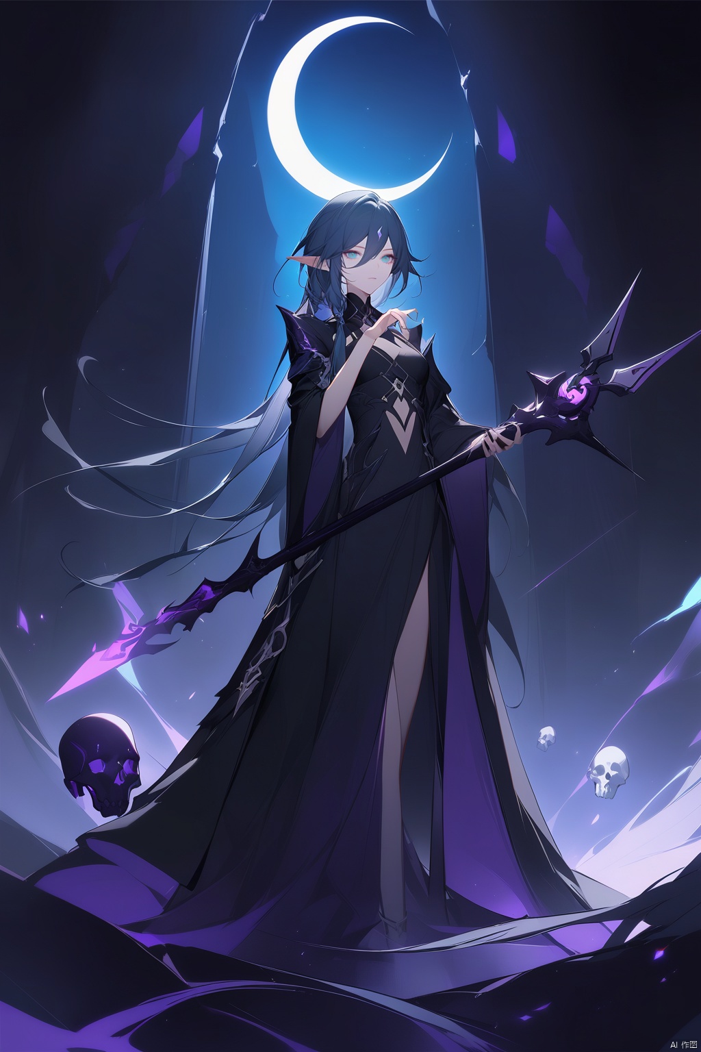  [[fu hua (phoenix)(honkai impact 3rd)]],nai3,1girl,solo,blue eyes
{artist:ask(askzy)}, 
1elf, female, dark sorceress, sinister yet alluring gaze, emerald green eyes, raven hair with silver streaks, pointed elven ears, ominous black mage robes adorned with mystical symbols and purple accents, holding a staff of skulls emitting dark energy, standing in an ancient elven ruin, crescent moon above, spectral wolf by her side, wearing dark leather armor under the robes, intricate runic tattoos on exposed skin, spellcasting gesture, ethereal dark aura, half-hidden face mask made of bone

