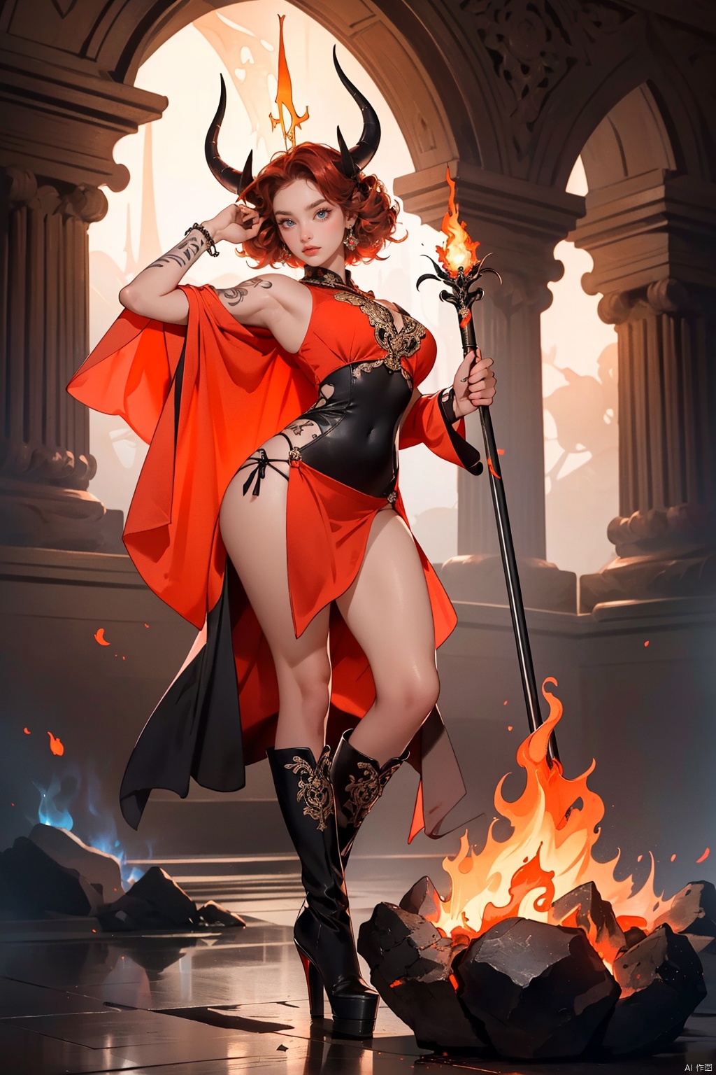 1girl, (sexy demoness with a mischievous and seductive aura), ((full body)), (fiery underworld or infernal realm inspired backdrop), (tanned skin glistening with an otherworldly sheen), (wearing a form-fitting, corseted scarlet dress that clings to her curves and exposes hints of midriff), (dress adorned with intricate flame patterns and adorned with dark lace accents), (shoulder-length, voluminous hair in vivid shades of red and orange, styled in tousled curls framing her face), (sharp horns curling upwards from her temples, possibly adorned with small, sparkling gemstones), (tail sweeping behind her, ending in a flickering flame), (long, pointed nails painted blood-red or black, each nail tip potentially glowing with inner fire), (strategically placed demonic tattoos or markings adding to her enigmatic beauty), (a pair of thigh-high stiletto boots in black leather or polished obsidian, with subtle hoof-like heels), (holding a trident scepter or a chained heart-shaped crystal pulsating with energy), (wing-like membranes extending from her back, translucent and tipped with flames), (sultry gaze with eyes that smolder like hot coals - fiery red or hypnotic purple irises), (pouting lips, perhaps with a lick of red lipstick), (standing confidently on a pile of embers or a molten rock formation), (dramatic lighting emphasizing the contrast between light and shadow across her figure), (aura of temptation and danger mixed with undeniable charisma).., ((poakl)), , (wide shot:0.95), (Dynamic pose:1.4), 