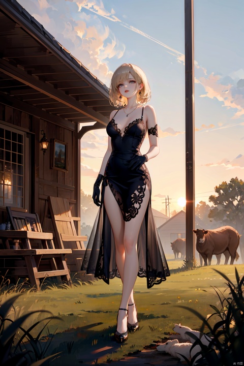 sultry contrast, 1girl, dressed in a sheer black lace evening gown, standing on a rustic barnyard porch, elegant chandelier earrings, tousled blonde hair catching the sunset light, stiletto heels sinking into the hay-strewn ground, holding a pitchfork, dramatic makeup, full red lips, exposed shoulders and décolletage, vintage wood siding, barn doors open to reveal hay bales inside, long satin gloves, striking pose against the pastoral backdrop, blending glamour with rural simplicity, golden hour lighting, farm animals in distance, old-fashioned well, sensual tension between sophistication and down-to-earth elements