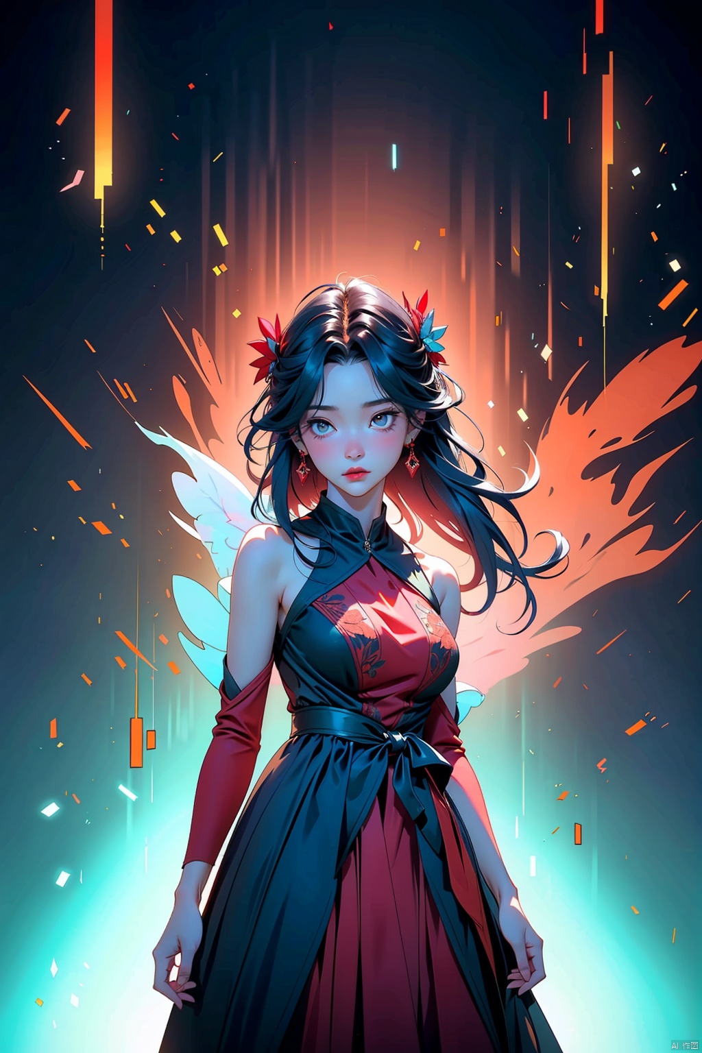  illustration of woman by by Brian Foud, she wearing a flower short dress, leaning, colorful, dark background, flower armor, red theme, exposure blend, medium shot, bokeh, (HDR:1.4), high contrast, (cinematic, teal and orange:0.85), (muted colors, dim colors, soothing tones:1.3), low saturation,best quality