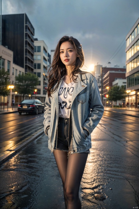 (8k, RAW Photo, Best Quality, Masterpiece: 1.2), (Photorealistic, Photorealistic), Masterpiece, Best Quality, (Ray Traced, Cinematic Lighting), 1girl, ((Solo)), Long Black Hair, Messy Hair , jacket, pantyhose, rainy day, cumulonimbus, (hands in pockets), (outdoors, rain, sky, deserted street, watered sidewalk, intersection, fork in the road), high-rise building, clock tower ,glass,reflection,street light,sunset,tyndall effect, Detail, ((poakl))