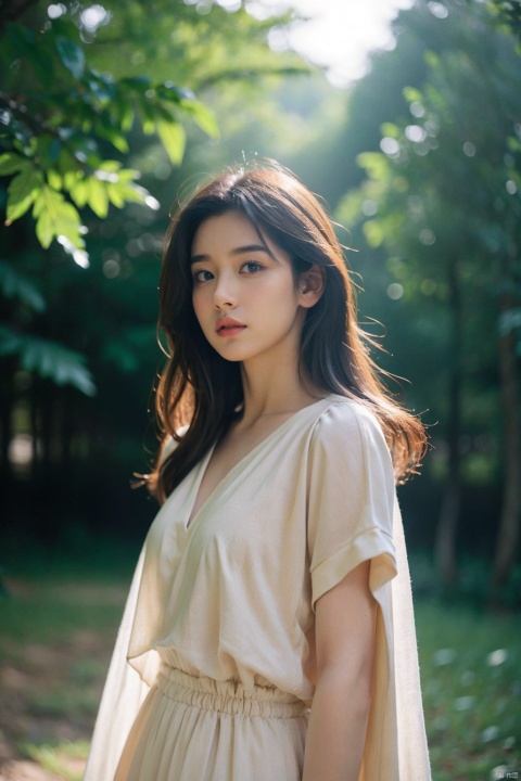 Best quality, masterpiece, ultra high resolution, photorealistic render, raw photography style, Unreal Engine 8K art, panoramic view, cinematic dynamic lighting, set in a lush forest during twilight, with dappled moonlight filtering through the leaves, showcasing silver-blue hour ambiance, dramatic side-lighting and subtle backlight glow, incorporating a gentle lens bokeh effect, capturing a sense of movement via blowing leaves and branches suggesting wind, adopting a pastel color palette with cool undertones, embracing soft diffused light, featuring 1 young man, mid-length tousled hair flowing in the breeze, intense gaze, , standing against the ethereal forest backdrop,((poakl))