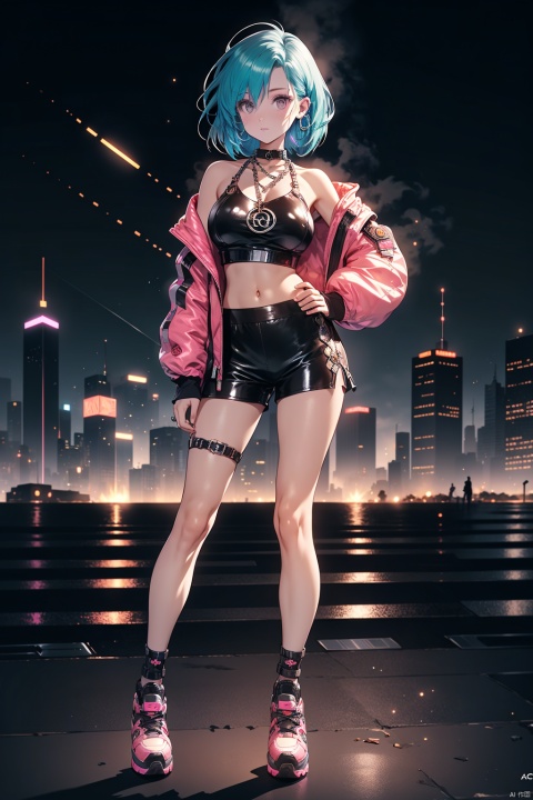 1girl, fashionable and seductive pose, pouty expression, avant-garde streetwear, short metallic jacket with oversized shoulders, exposed navel.High-waisted leather shorts, fishnet leggings, platform sneakers, statement choker necklace, layered silver chain, hoop earrings, asymmetrically cut pale pink hair with neon green highlights, one hand on hip, holding the other Designer clutch, dynamic cityscape background, bold eyeliner and glossy lips, LED lights to accentuate the scene, leg pops, fashion-forward accessories, full body, urban chic vibe, fusion of avant-garde and sensual elements