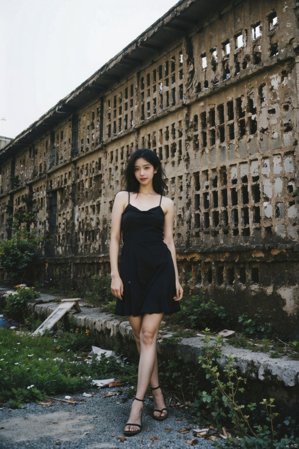 vivid, high contrast, urban-meets-nature scenario,
stylish and contemporary, 
a young ***** woman, 
strikingly beautiful, 
wearing a sleek, modern cocktail dress and heels,
posing confidently in an unexpected environment - 
an abandoned industrial site reclaimed by nature,
with ivy crawling up concrete walls and wildflowers sprouting from cracks,
moonlit sky above casting dramatic shadows across the gritty landscape,
yet her presence commands attention amidst the chaos,
holding a delicate bouquet of flowers as a symbol of life's resilience,
her gaze confrontational yet alluring, 
blending sophistication with raw, untamed beauty., Postwar ruins