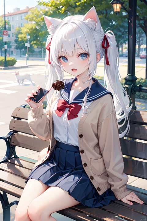  nai3, 1girl, animal ears, cat ears, skirt, blue eyes, tail, long hair, sitting, school uniform, blue skirt, bench, looking at viewer, cat tail, solo, holding, twintails, food, sailor collar, open mouth, white hair, serafuku, cat girl, cat, bangs, chocolate, long sleeves, pleated skirt, on bench, blue sailor collar, cardigan, hair ribbon, ribbon, fangs, phone, bow, park bench, red bow, white shirt, outdoors, blurry, shirt, animal ear fluff, blurry background, candy, cellphone, holding food, open clothes