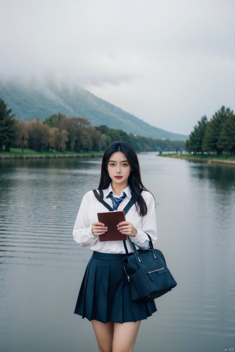 Cloudy, foggy, a girl (photorealism 1.4), security content, she is outdoors alone, holding her book bag, the background is the edge of a river, ocean or lake body of water, she has long black hair, wearing a school uniform - striped long sleeve shirt and pleated black skirt, the daytime environment, behind the open road, sand and horizon, her brown eyes staring at the viewer, She stands tall with her arms in a V-shape, reflecting the water and sky,
nsfw, Fine art, professional-grade capture,Sony A7R IV mirrorless camera with a Zeiss 24-70mm f/2.8 zoom lens,high-resolution, ((poakl))