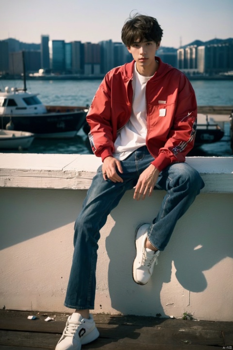 nostalgic harbor breeze, 35mm panoramic Hong Kong teen vibe, a stylish high school student embodies the essence of '90s Hong Kong fashion as he sits nonchalantly on a weathered waterfront railing, his attire paying homage to the city's iconic street style, complete with retro sneakers, high-waisted pants, and a vintage graphic tee, ABCDE_harbor_side_flair, high-resolution panoramic image, beautifully capturing the interplay of fading daylight and the first hints of neon as they reflect off the harbor waters, drawing attention to the subject with crisp focus while gently blurring the bustling pier and distant skyline into a dreamy, cinematic backdrop, thus painting a narrative that immortalizes the coming-of-age experience in the romanticized milieu of bygone Hong Kong days, ((poakl)),1boy