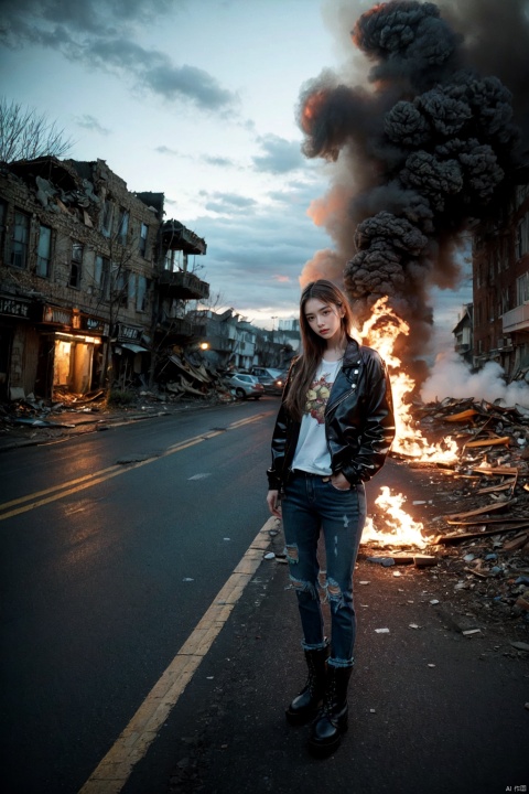 Gloomy image, 1 girl, not looking at the camera, jacket, jeans, boots, guitar, flames, gloomy atmosphere, destroyed buildings, gloomy sky, cruelty, smell of death,