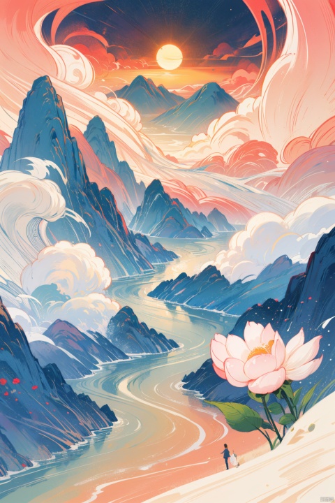 Masterpiece, Best Quality, High Resolution, Incredibly Ridiculous, Absurd, Very High Resolution, Detailed Beautiful Scenes, Landscapes, Landscapes, Ultra HD Wallpapers, Overall Color Tone Red, (Foreground Lucky Clouds), Flowing Clouds, Sun, flowers, mountains, pagodas, peonies, roses, sun,