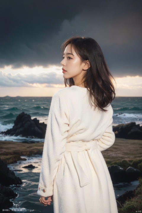  (8k,RAW photo,best quality,masterpiece:1.2),(realistic,photo-realistic), strong wind, a girl, standing, (whole body)), back, dynamic hairstyle, (((from back)), edge light , coat,, (((film composition, film lighting))),, not looking at the camera, profile, ocean, clouds, gloomy sky, depth of field, sea, dim sky, dim,