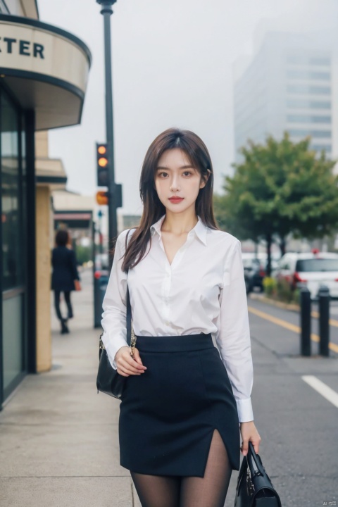 Cloudy day, foggy day, early morning, a woman, (real, photo :1.4), background is city street, suit, shirt, hip wrap skirt, pantyhose, outdoor, real world scene, confident pose, perfect hand, cowboy shooting,
, Fine art, professional-grade capture,Sony A7R IV mirrorless camera with a Zeiss 24-70mm f/2.8 zoom lens,high-resolution, ((poakl)), 1girl, torn pantyhose